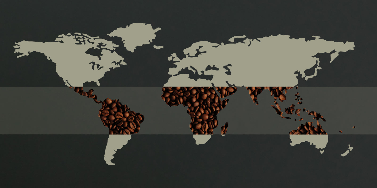 A world map displaying the ideal region for growing coffee. A horizontal band of roasted coffee beans is show at and slightly below the equator. 