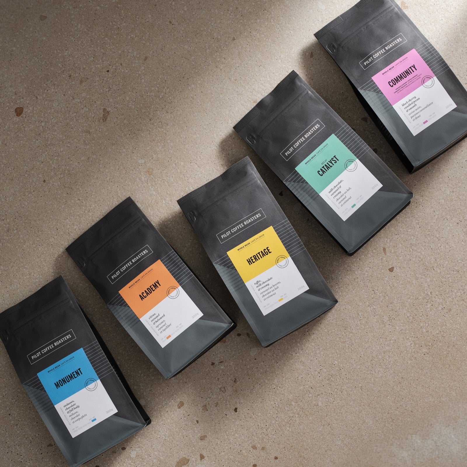 Five signature blends laying flat on a shadowy concrete surface. From left to right: Monument Blend, Academy Blend, Heritage Blend, Catalyst Decaf Blend and Community Blend