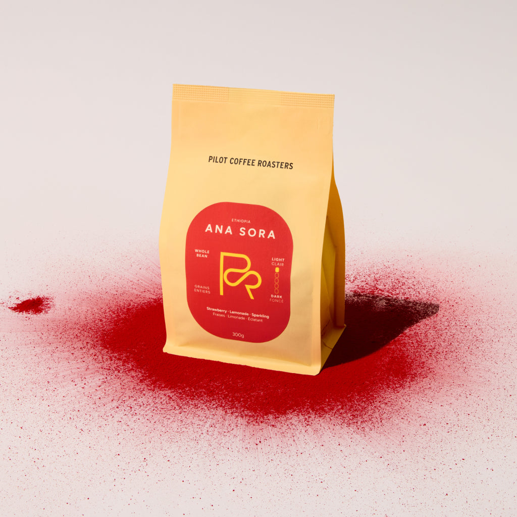 Ana Sora - Ethiopia coffee bag against a light background surrounded by strawberry dust
